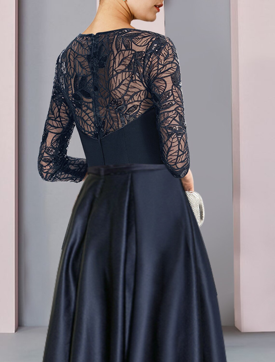 Aimishang A-Line Mother of the Bride Dress Wedding Guest Vintage Party Jewel Neck Asymmetrical Satin Lace Sequined Half Sleeve with Pleats