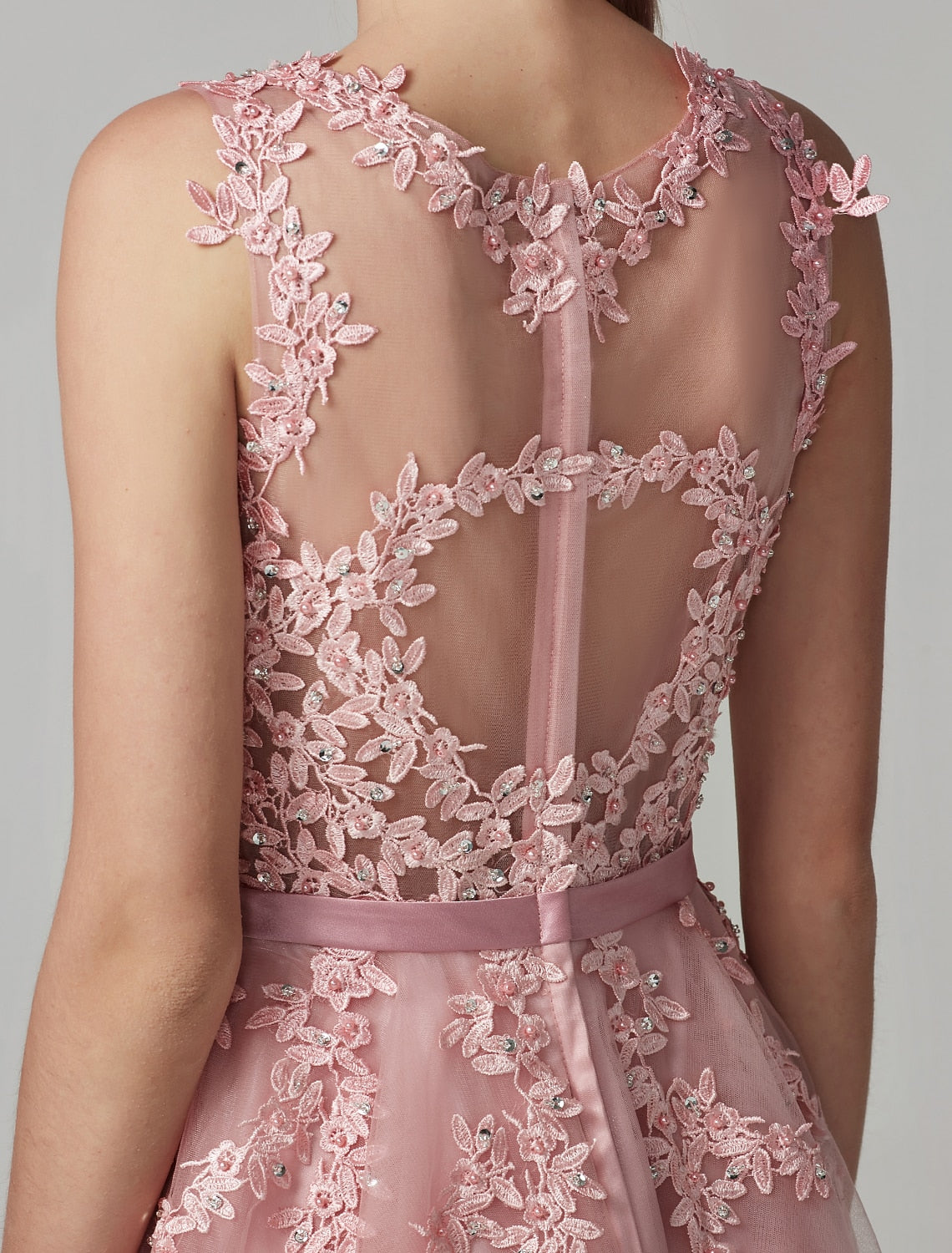 Aimishang A-Line Cute Dress Cocktail Party Knee Length Sleeveless Illusion Neck Tulle Over Lace with Beading Appliques