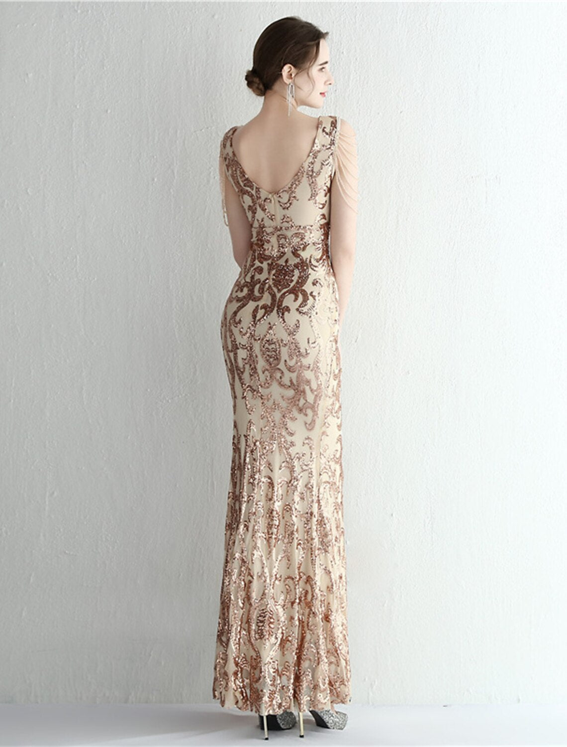 Aimishang Mermaid / Trumpet Evening Gown Sparkle & Shine Dress Formal Floor Length Short Sleeve V Neck Sequined with Sequin Sl