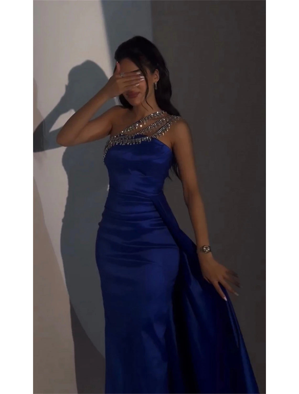 Aimishang Sheath / Column Evening Gown Elegant Dress Formal Wedding Sweep / Brush Train Sleeveless One Shoulder Satin with Crystals