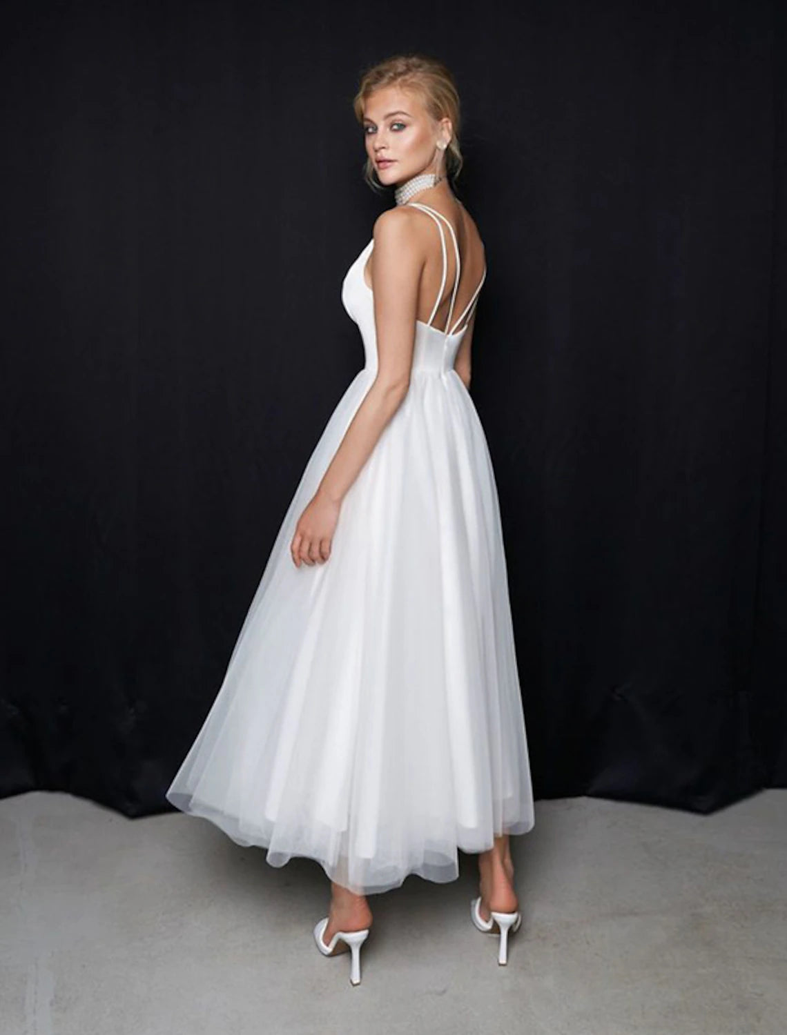 Aimishang Reception Little Dresses Casual Wedding Dresses A-Line Camisole V Neck Spaghetti Strap Ankle Length Tulle Bridal Gowns With Solid Color Summer Wedding Party