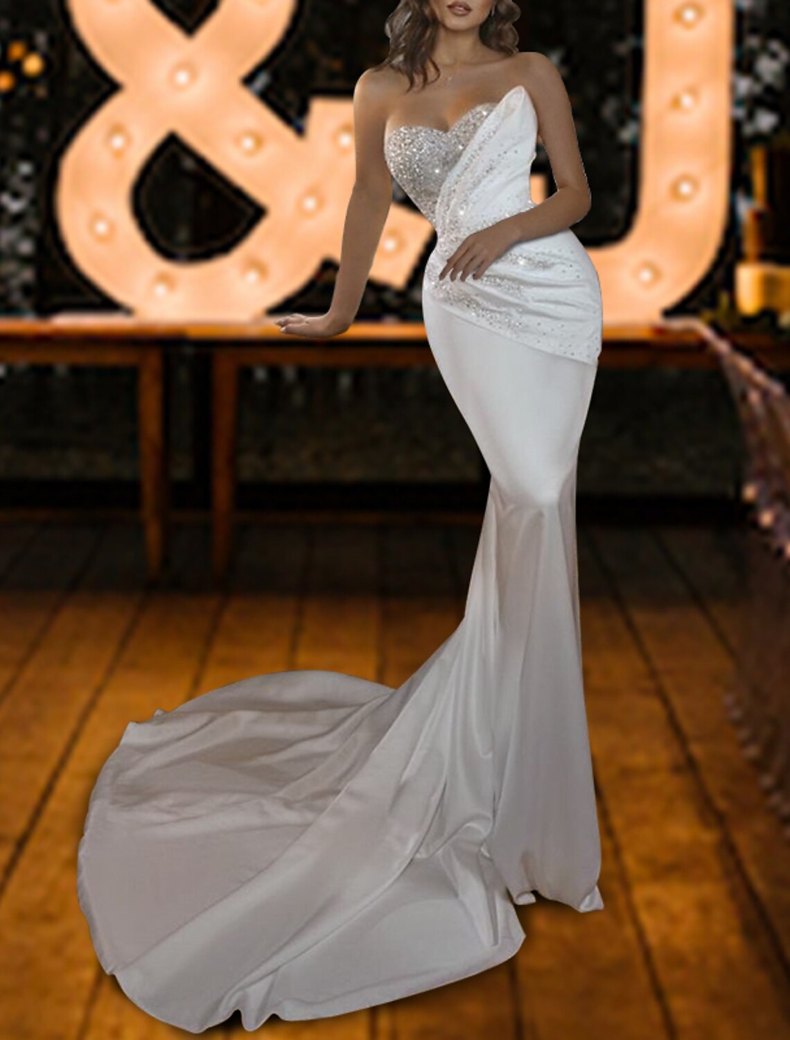 Aimishang Hall Sparkle & Shine Glitter & Sparkle Wedding Dresses Mermaid / Trumpet Sweetheart Strapless Court Train Satin Bridal Gowns With Ruched Sequin