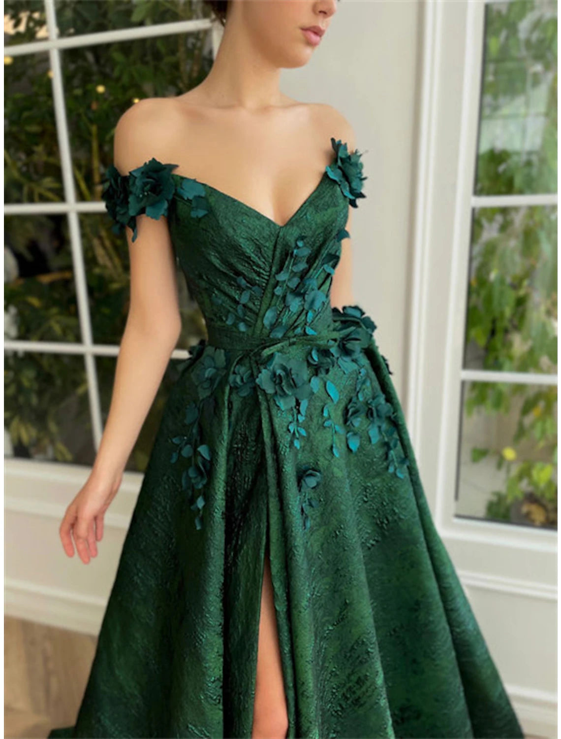 Aimishang A-Line Prom Dresses Floral Dress Wedding Guest Wedding Party Court Train Sleeveless Off Shoulder Satin with Slit Appliques