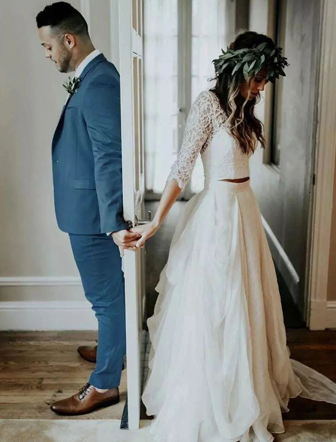 Aimishang Boho Wedding Dresses Ball Gown V Neck 3/4 Length Sleeve Sweep / Brush Train Chiffon Bridal Suits Bridal Gowns With Pleats 2023 Summer Wedding Party