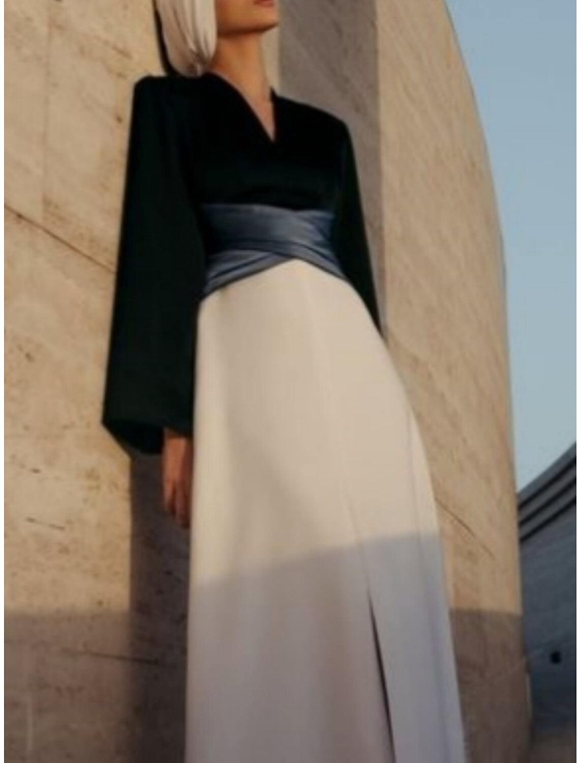 Aimishang A-Line Evening Gown Elegant Dress Formal Floor Length Long Sleeve V Neck Satin with Pleats Ruched Slit