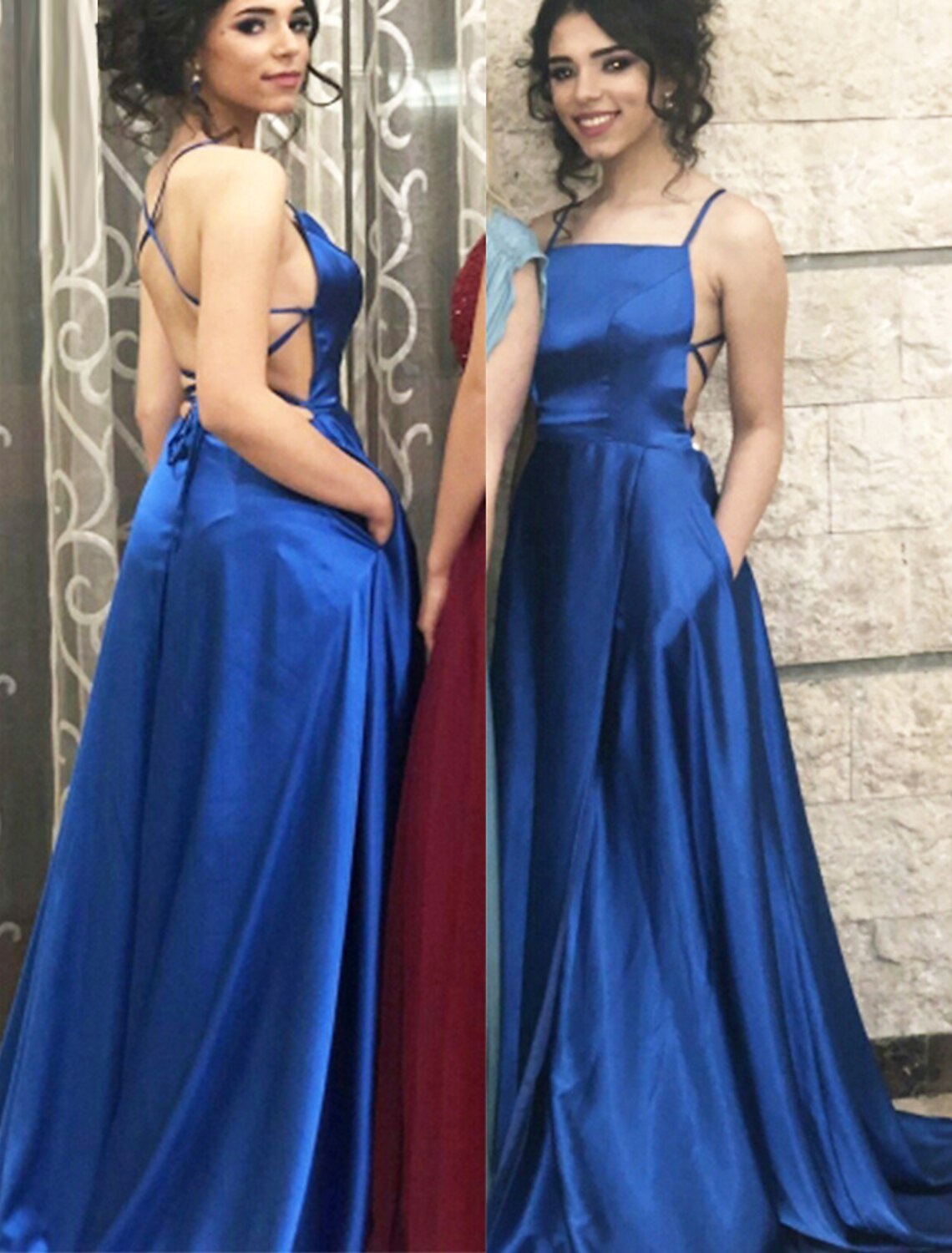 Aimishang A-Line Prom Dresses Minimalist Dress Party Wear Sweep / Brush Train Sleeveless Spaghetti Strap Satin with Pleats Slit