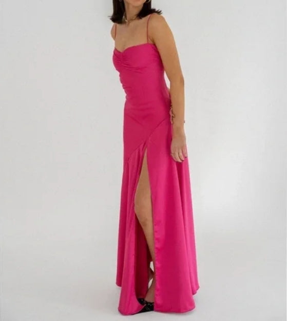 Aimishang Elegant Evening Dresses Spaghetti Straps Long Prom Dress Satin Simple Formal Party Dress With Slit