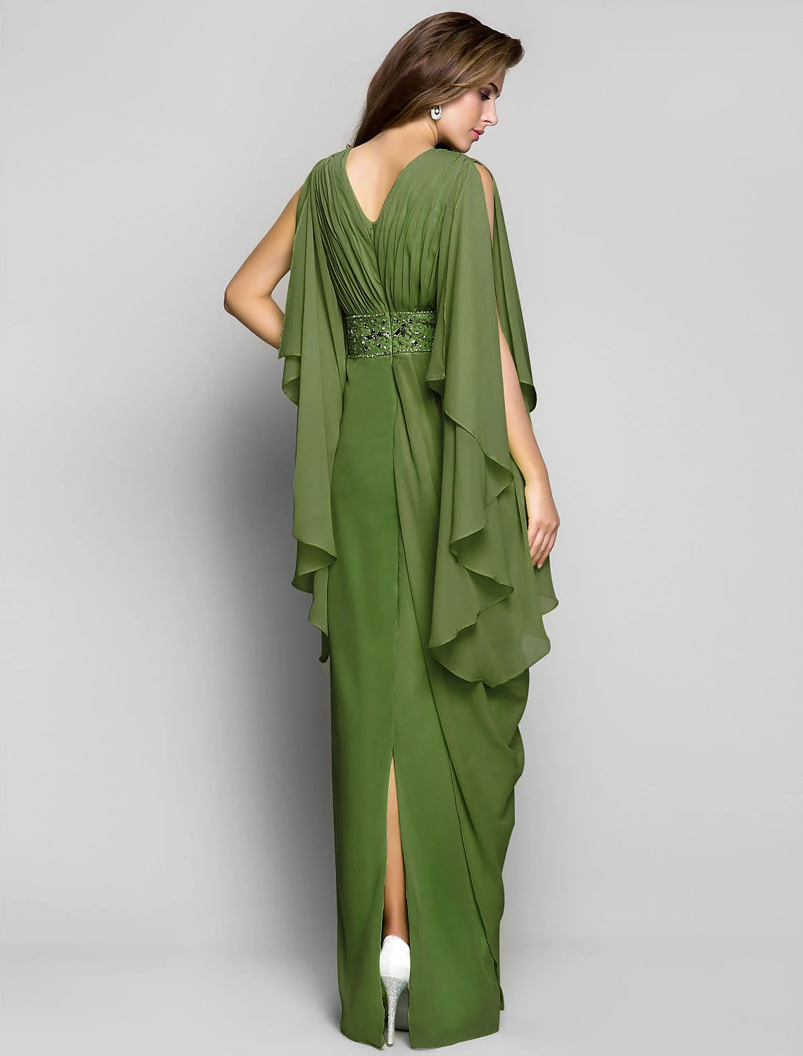 Aimishang Sheath / Column Elegant Dress Wedding Guest Formal Evening Floor Length Long Sleeve V Neck Chiffon V Back with Crystals Side Draping