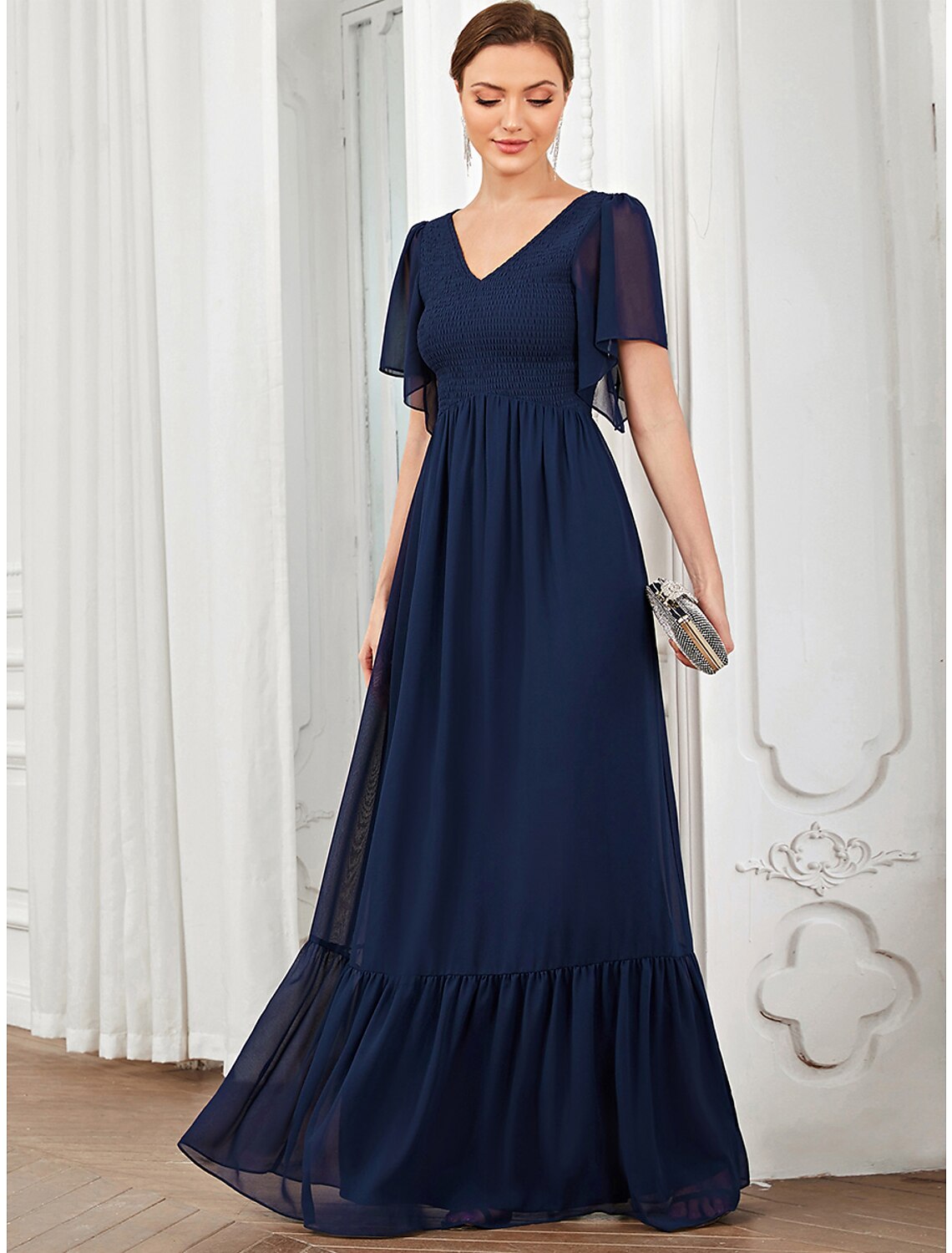 Aimishang A-Line Prom Dresses Elegant Dress Party Wear Wedding Guest Floor Length Short Sleeve V Neck Chiffon with Pleats