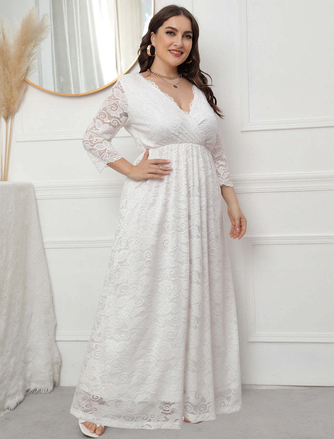 Aimishang A-Line Evening Gown Vintage Dress Party Wear Formal Evening Floor Length 3/4 Length Sleeve V Neck Lace with Sleek Lace Insert