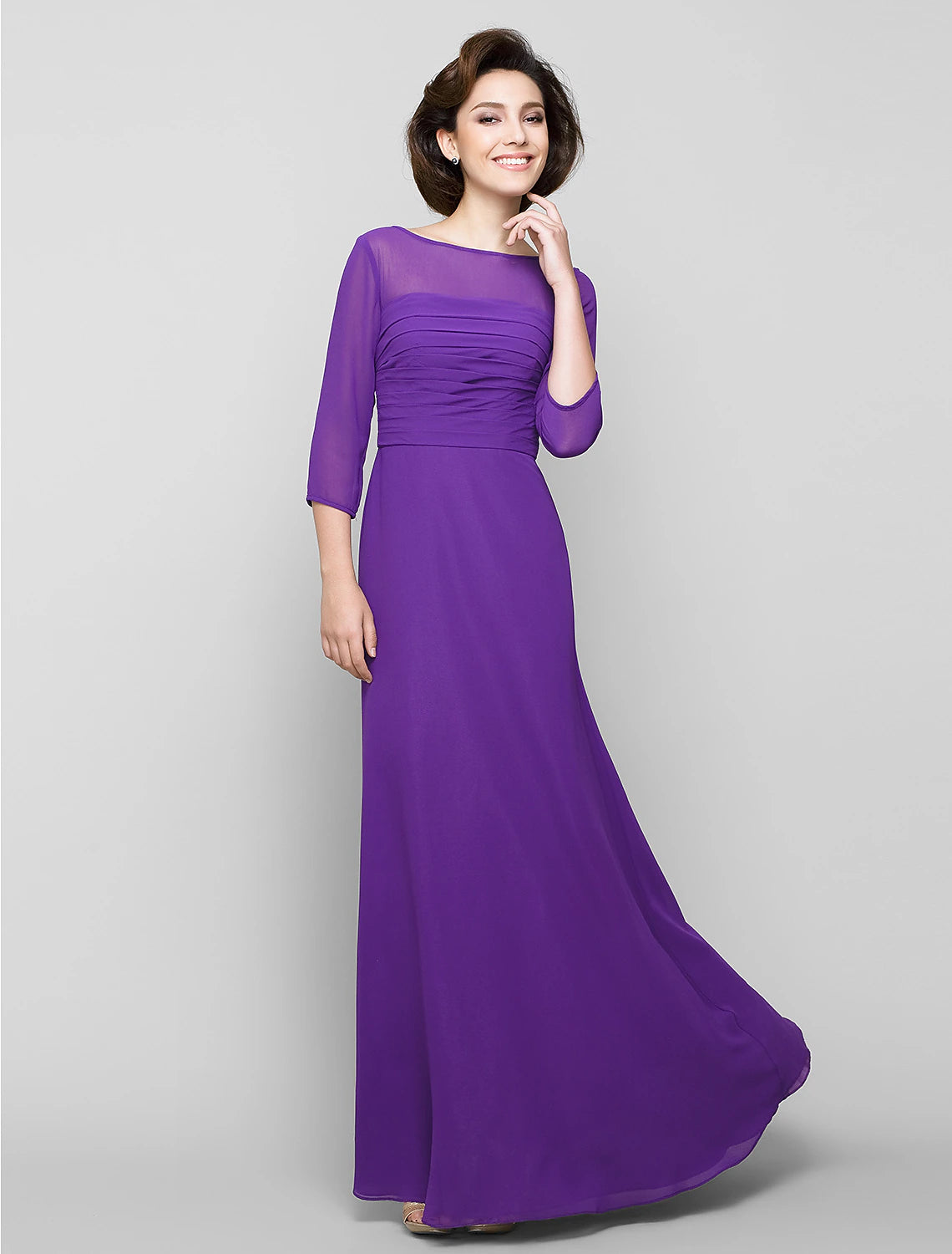 Aimishang A-Line Mother of the Bride Dress Elegant Scoop Neck Ankle Length Chiffon 3/4 Length Sleeve No with Ruched