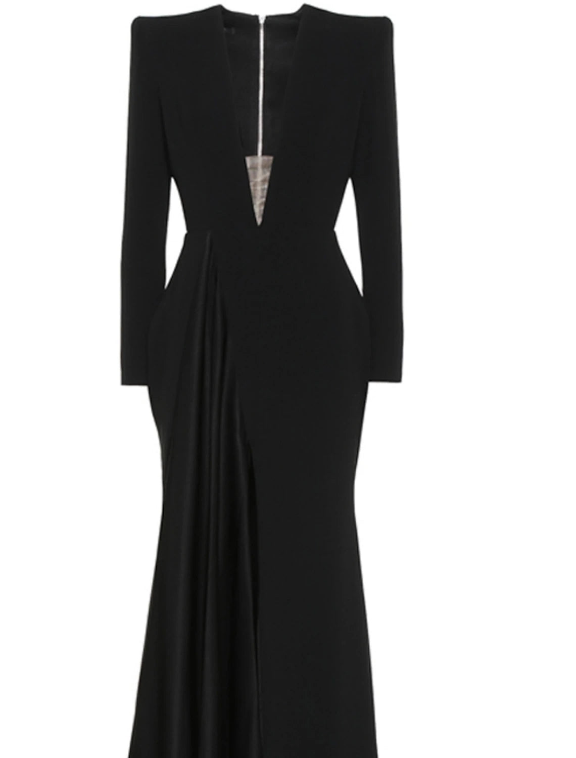 Aimishang A-Line Evening Gown Elegant Black Champagne Dress Plus Size Dress Formal Sweep / Brush Train Long Sleeve V Neck Fabric with Pleats Slit