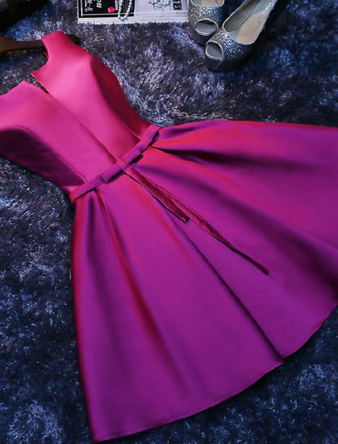 Aimishang A-Line Bridesmaid Dress Jewel Neck Sleeveless Beautiful Back Tea Length Satin with Bow(s) / Bandage