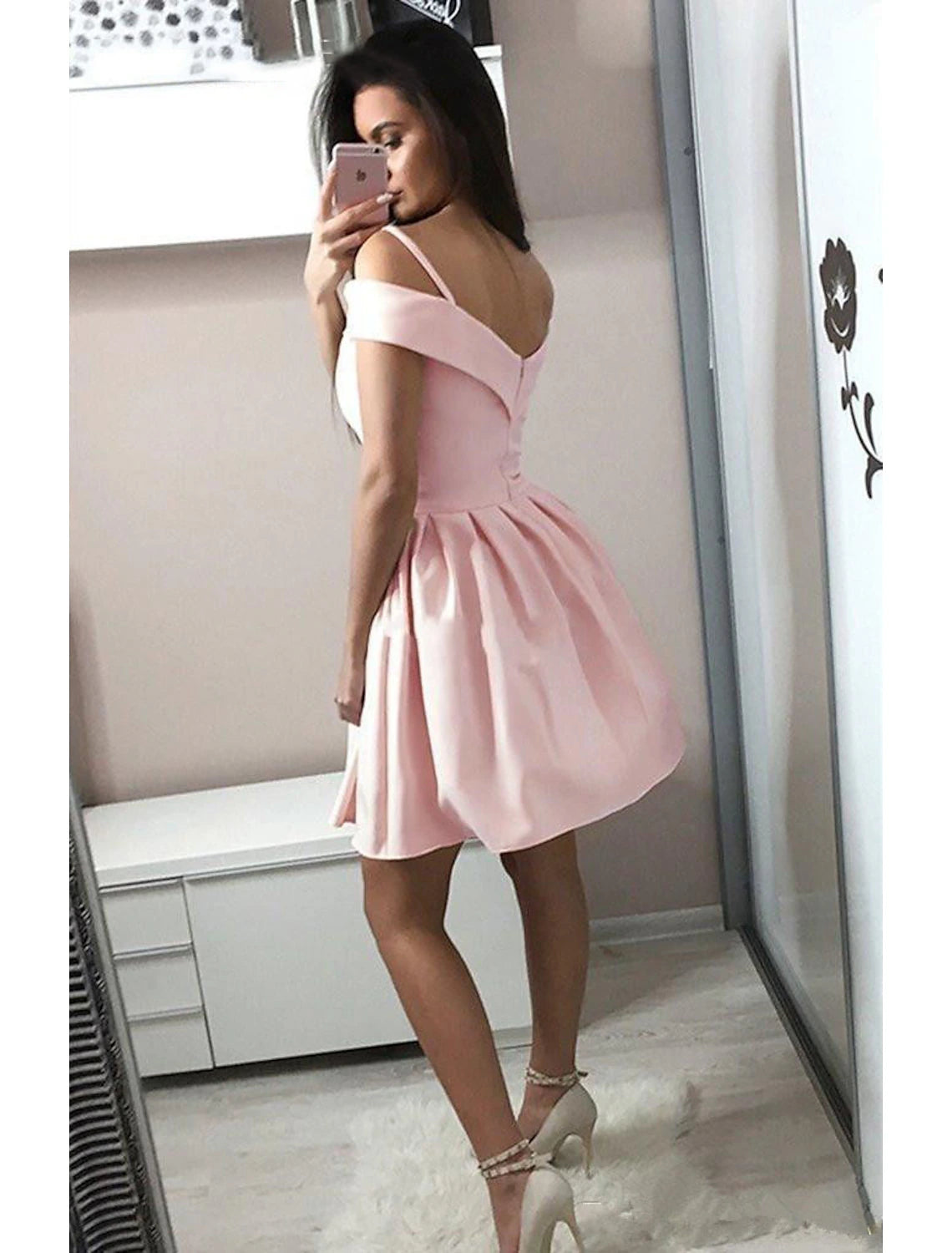 Aimishang A-Line Cocktail Dresses Minimalist Dress Homecoming Party Wear Knee Length Sleeveless V Neck Pink Dress Fabric with Pleats