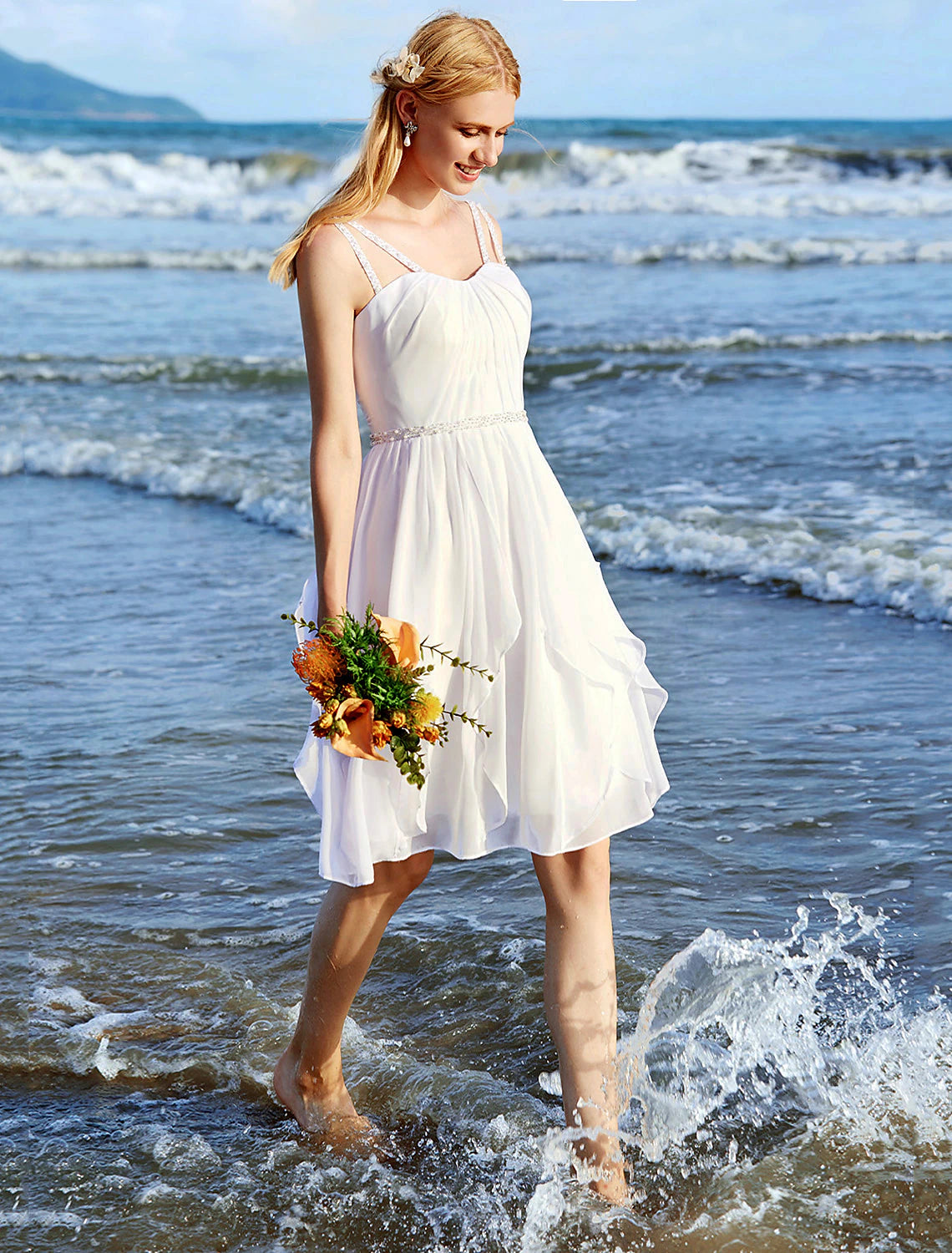 Aimishang Wedding Dresses A-Line Sweetheart Regular Straps Knee Length Chiffon Bridal Gowns With Sash / Ribbon Ruched