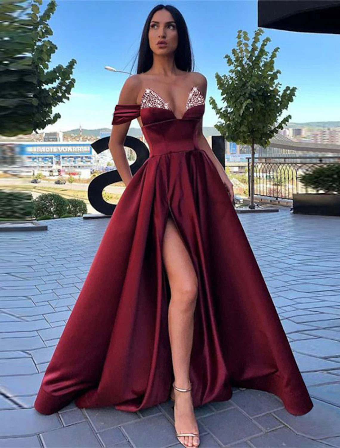 Aimishang A-Line Evening Gown Sexy Dress Wedding Guest Prom Floor Length Short Sleeve V Neck Satin with Beading Slit