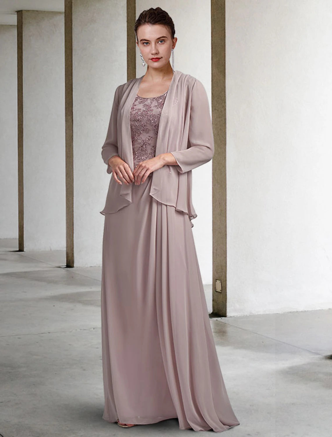 Aimishang Sheath / Column Mother of the Bride Dress Wedding Guest Elegant Jewel Neck Floor Length Chiffon Lace Half Sleeve with Sequin Ruching Solid Color main image 1