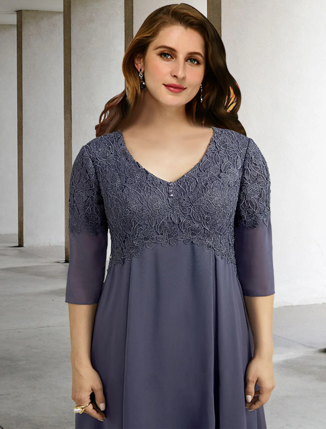 Aimishang A-Line Plus Size Curve Mother of the Bride Dresses Elegant Dress Formal Tea Length Half Sleeve V Neck Chiffon with Buttons Appliques Fall