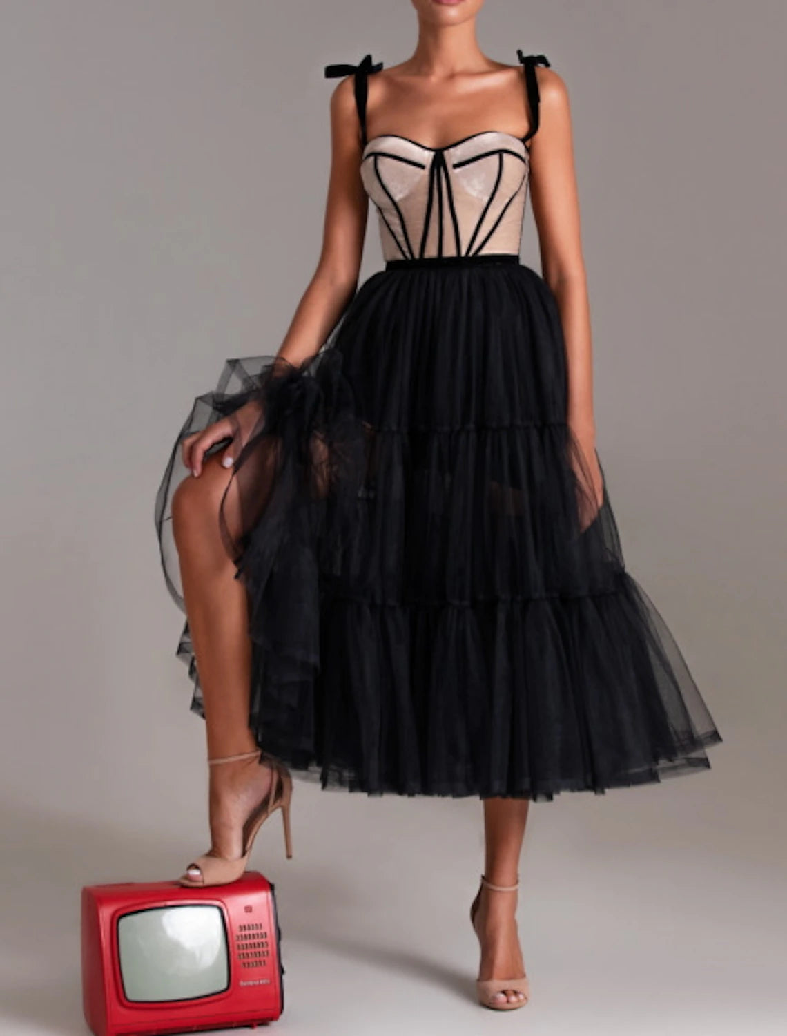 Aimishang A-Line Cocktail Dresses Party Dress Cocktail Party Tea Length Sleeveless Sweetheart Wednesday Addams Family Tulle with Pleats Tiered