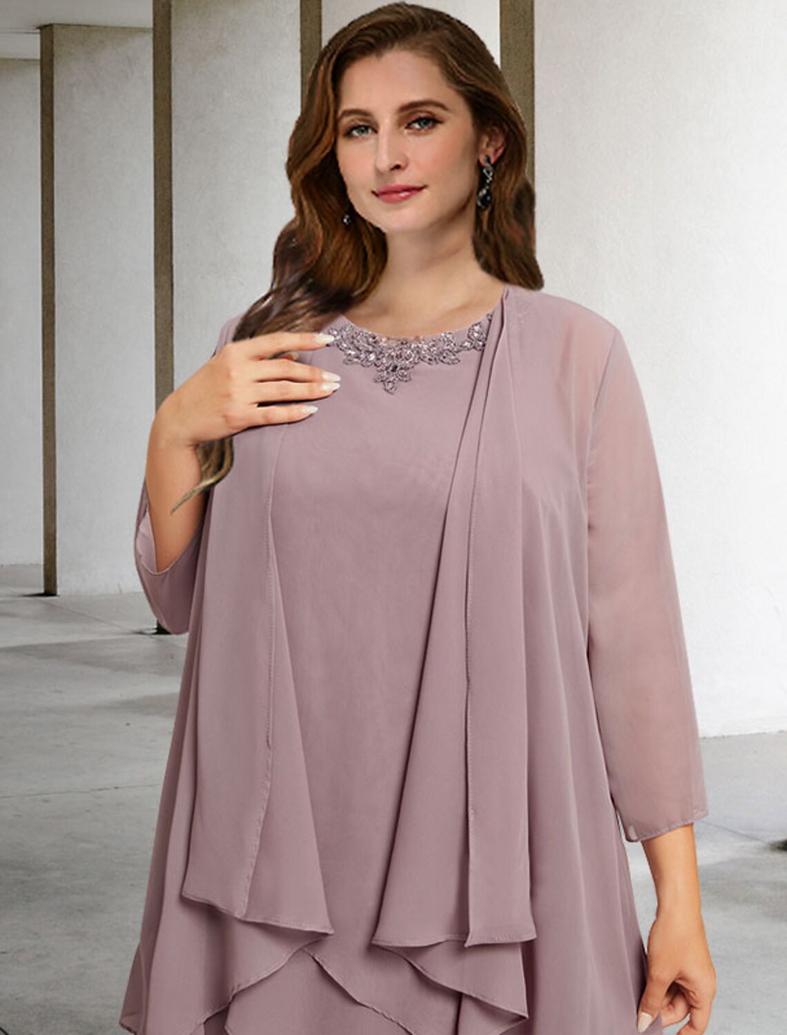 Aimishang Two Piece A-Line Plus Size Curve Mother of the Bride Dresses Elegant Dress Formal Floor Length Sleeveless Jewel Neck Chiffon with Sequin Ruffles Appliques