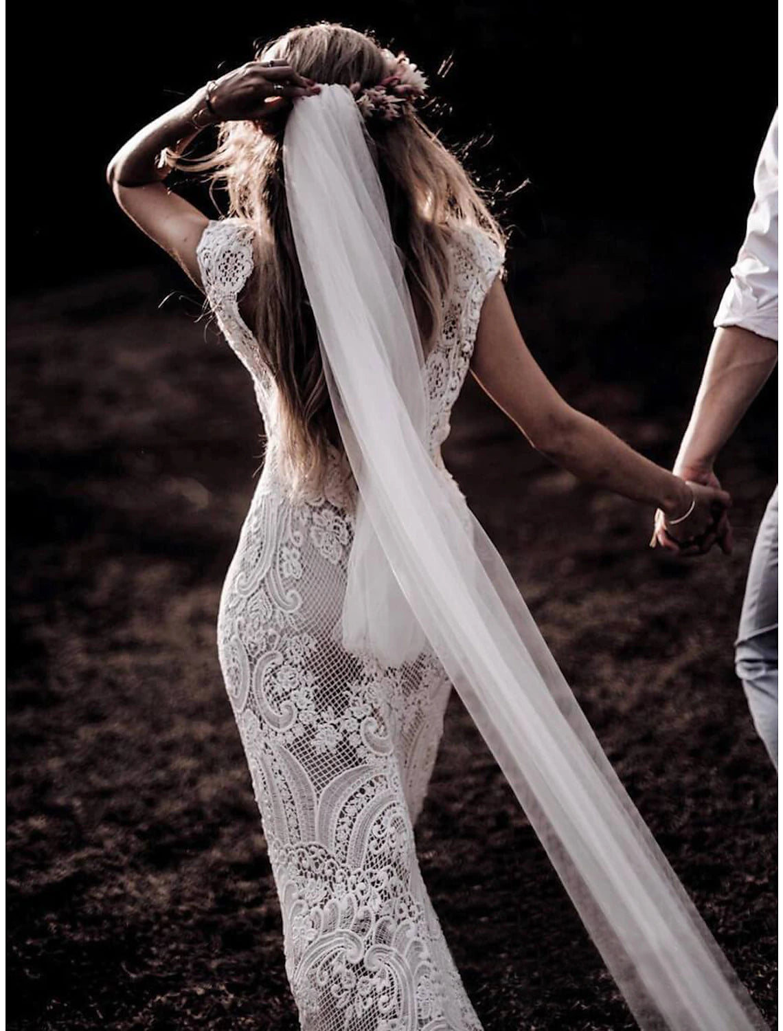 Aimishang Beach Boho Wedding Dresses Mermaid / Trumpet V Neck Cap Sleeve Court Train Lace Outdoor Bridal Gowns With Appliques Solid Color Summer Wedding Party