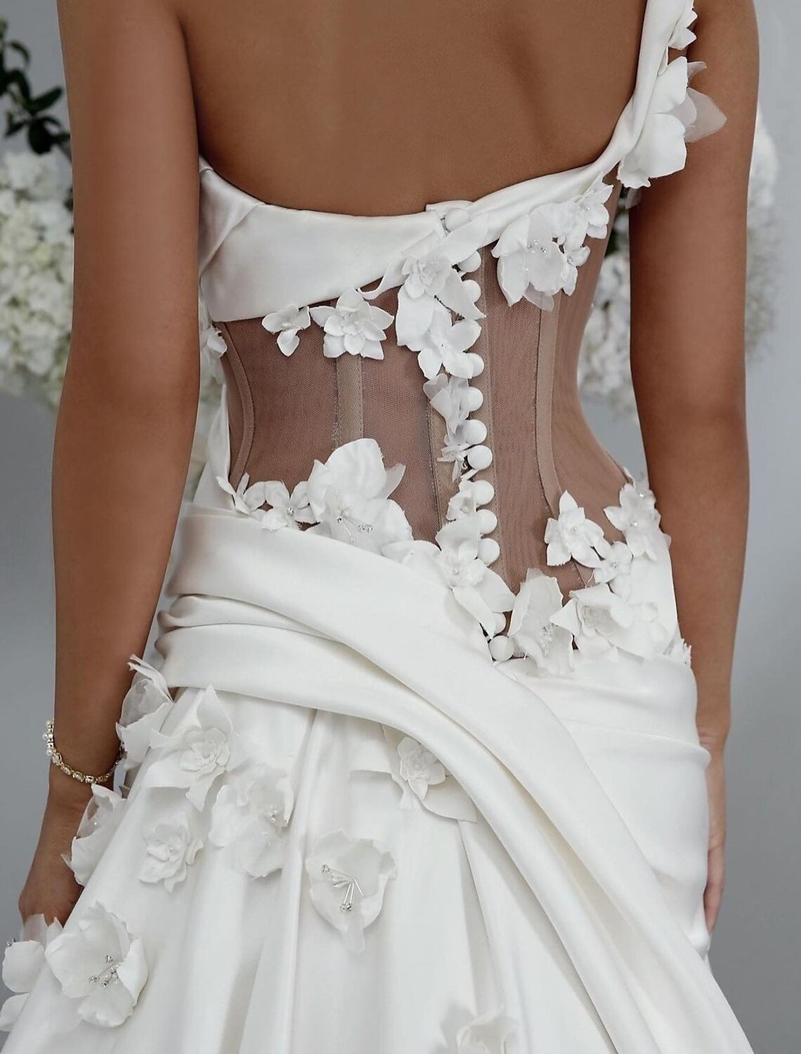 Aimishang Engagement Open Back Formal Wedding Dresses Sheath / Column One Shoulder Sleeveless Sweep / Brush Train Satin Bridal Gowns With Ruched Flower