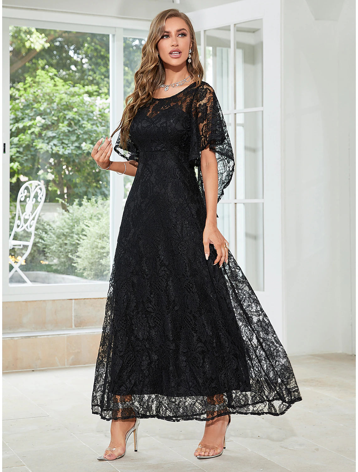 Aimishang A-Line Wedding Guest Dresses Elegant Dress Party Wear Ankle Length Half Sleeve Jewel Neck Lace with Ruffles Appliques