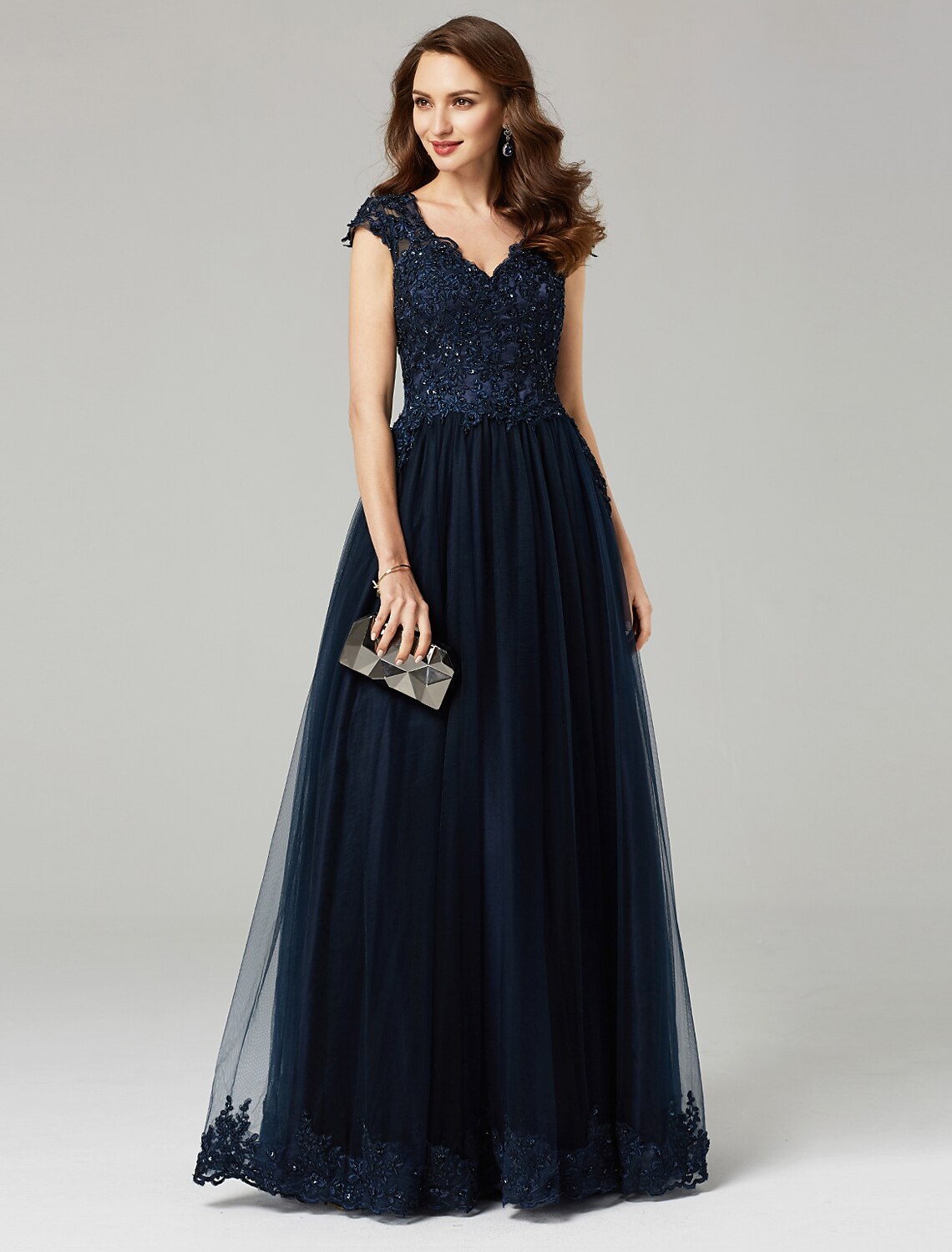 Aimishang A-Line Long Prom Dress Wedding Guest Floor Length V Neck Tulle with Appliques