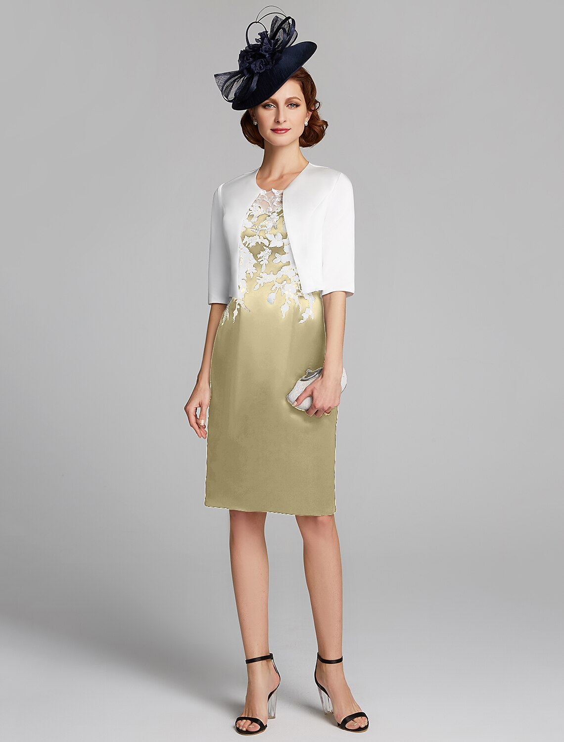 Aimishang Sheath / Column Mother of the Bride Dress Wrap Included Jewel Neck Knee Length Satin Lace Sleeveless with Appliques