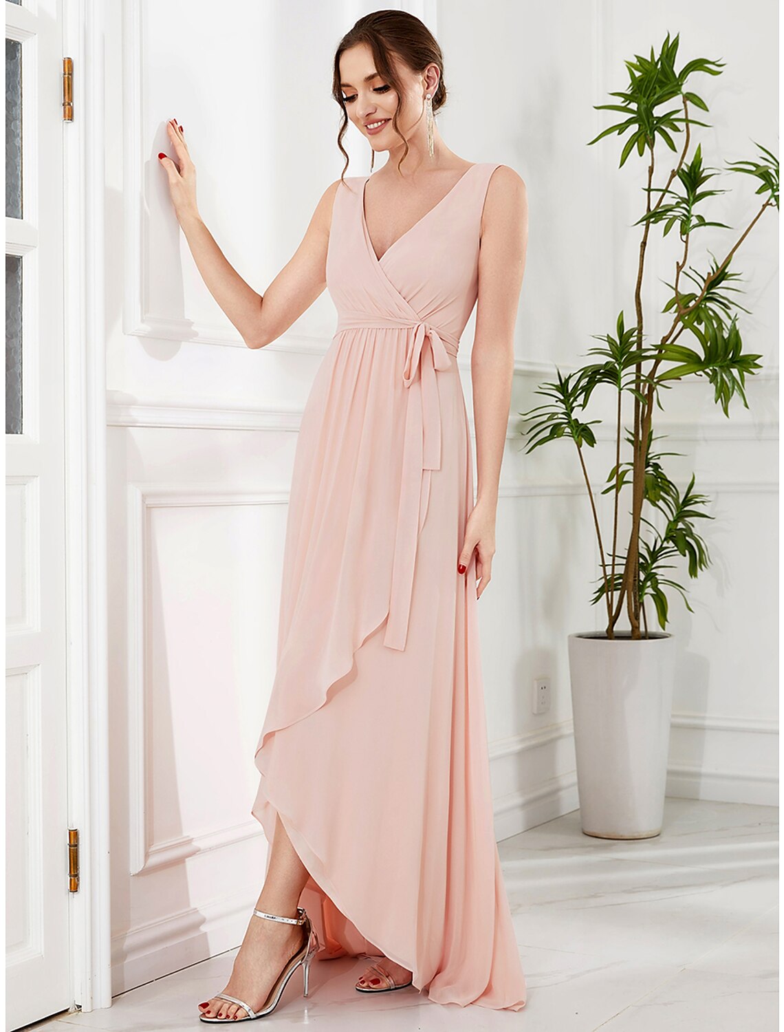 Aimishang A-Line Wedding Guest Dresses Elegant Dress Party Wear Wedding Party Asymmetrical Sleeveless V Neck Bridesmaid Dress Chiffon with Ruffles Strappy