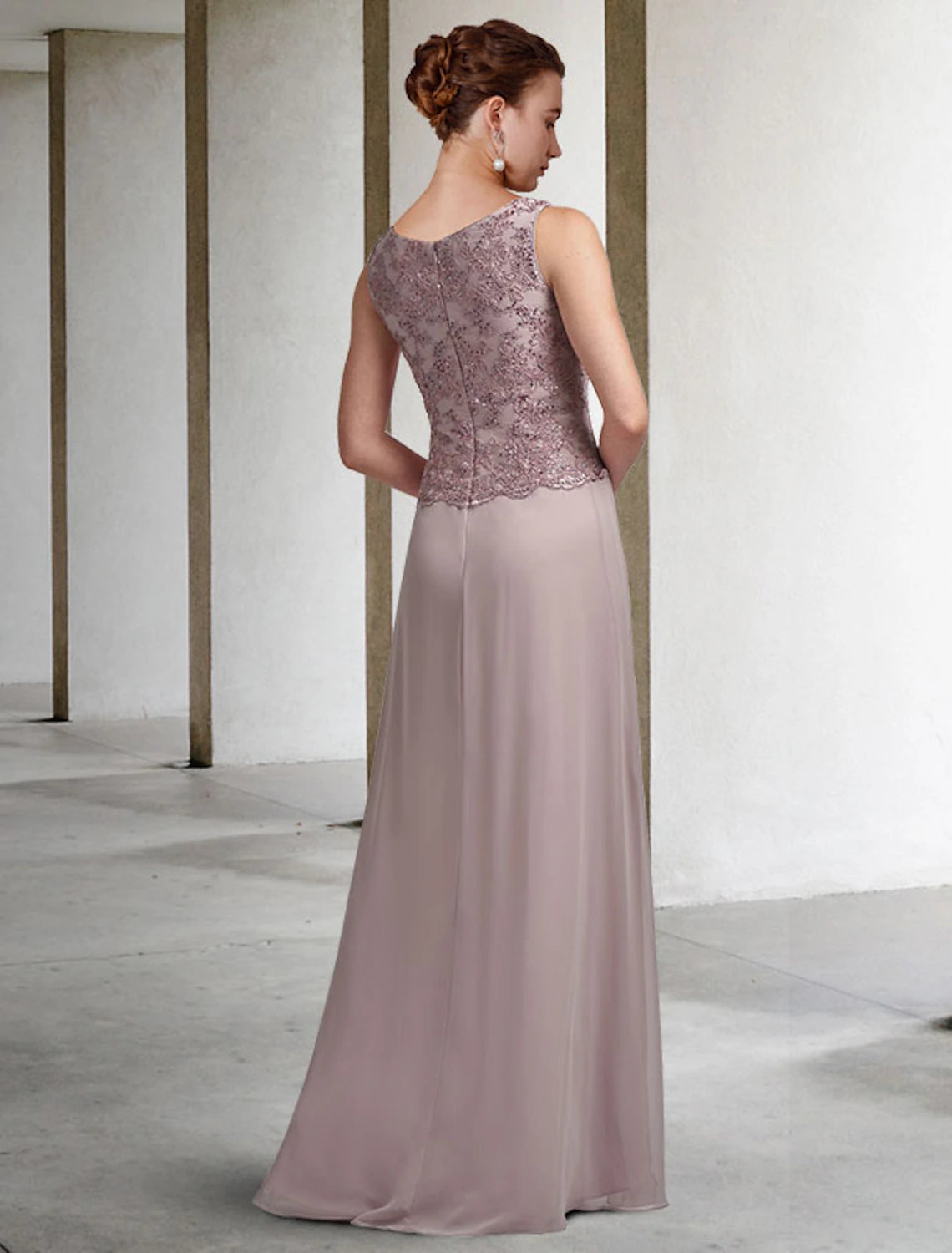 Aimishang Two Piece Sheath / Column Mother of the Bride Dress Plus Size Elegant Jewel Neck Floor Length Chiffon Lace Sleeveless Wrap Included with Appliques