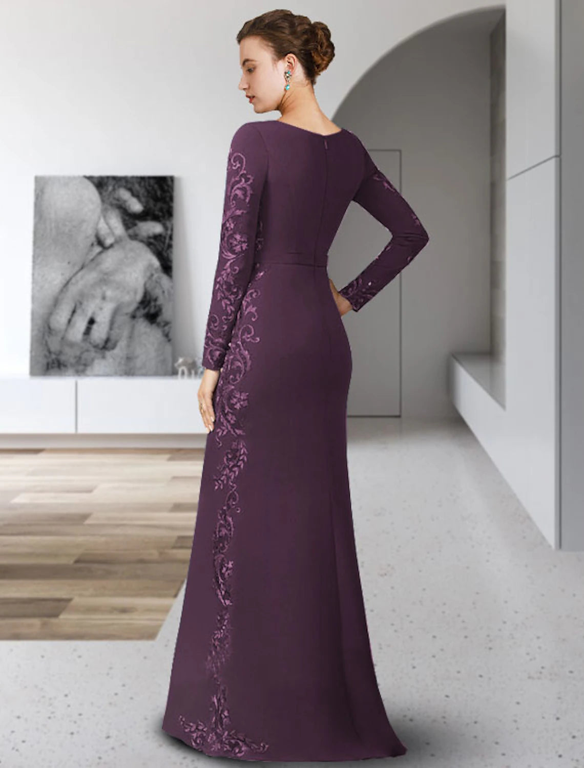 Aimishang Sheath / Column Mother of the Bride Dress Formal Wedding Guest Party Elegant Scoop Neck Floor Length Chiffon Lace Long Sleeve with Sash / Ribbon Appliques