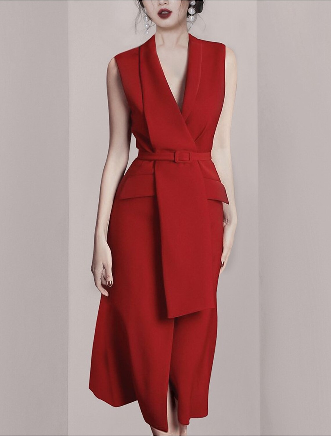 Aimishang Sheath / Column Minimalist Sexy Wedding Guest Cocktail Party Dress Shirt Collar Sleeveless Tea Length Spandex with Sash / Ribbon