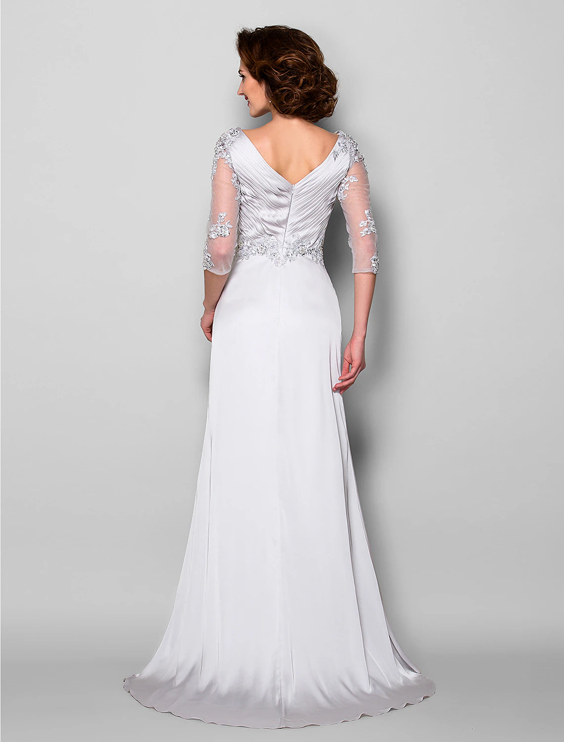 Aimishang A-Line Mother of the Bride Dress V Neck Sweep / Brush Train Satin Chiffon 3/4 Length Sleeve with Criss Cross Beading Appliques