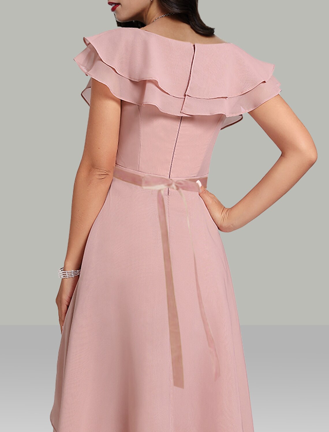 Aimishang A-Line Wedding Guest Dresses Tiered Dress Cocktail Party Tea Length Short Sleeve V Neck Belt / Sash Chiffon with Beading