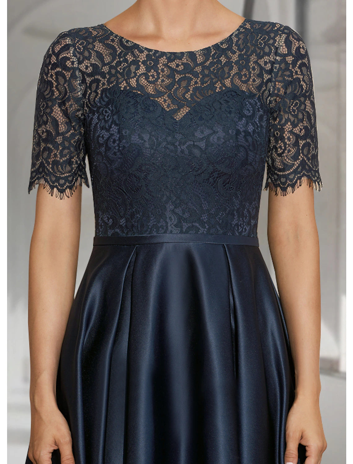 Aimishang A-Line Mother of the Bride Dress Fall Wedding Guest Elegant High Low Jewel Neck Asymmetrical Tea Length Satin Lace Short Sleeve with Pleats