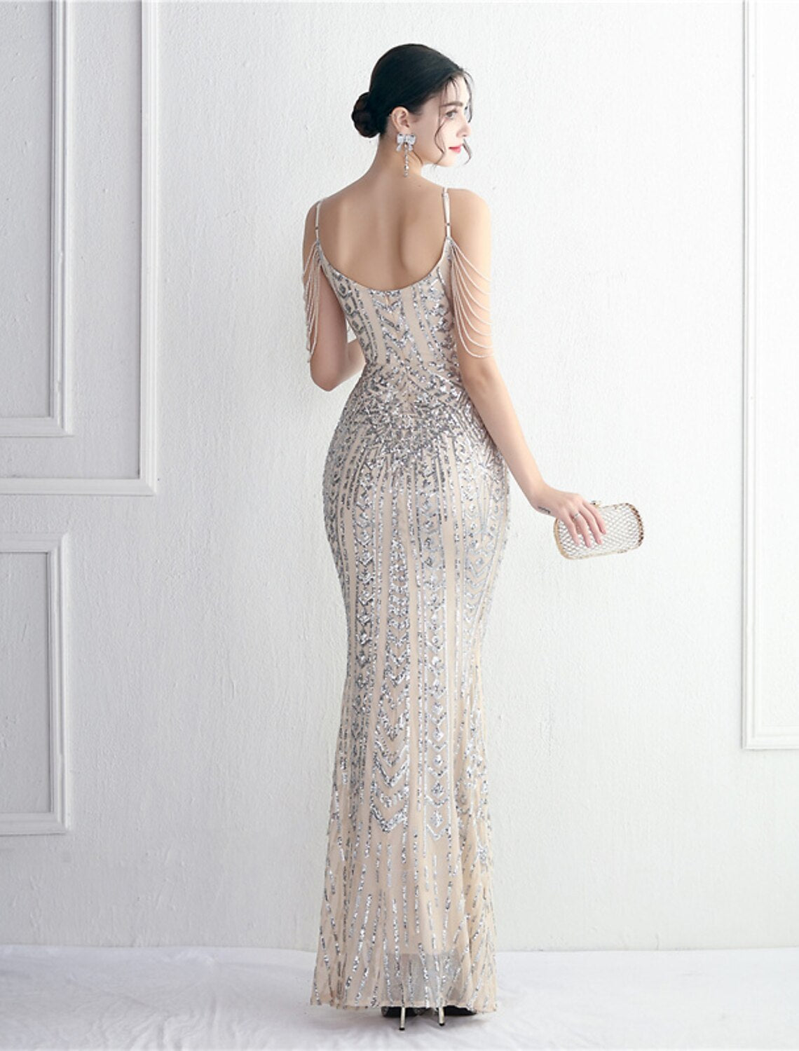 Aimishang Mermaid / Trumpet Evening Gown Sparkle & Shine Dress Formal Floor Length Short Sleeve Spaghetti Strap Polyester with Beading Sequin