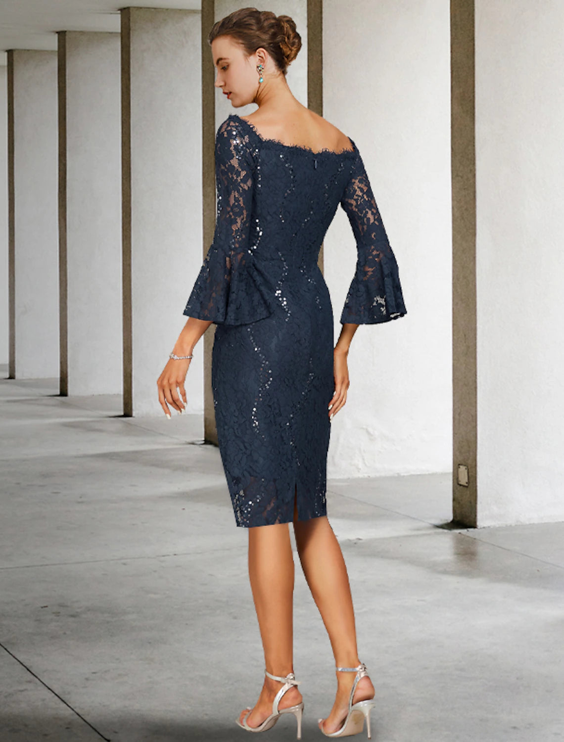 Aimishang Two Piece Sheath / Column Mother of the Bride Dress Formal Wedding Guest Party Elegant Off Shoulder Knee Length Chiffon Lace Imitated Silk 3/4 Length Sleeve with Bow(s)