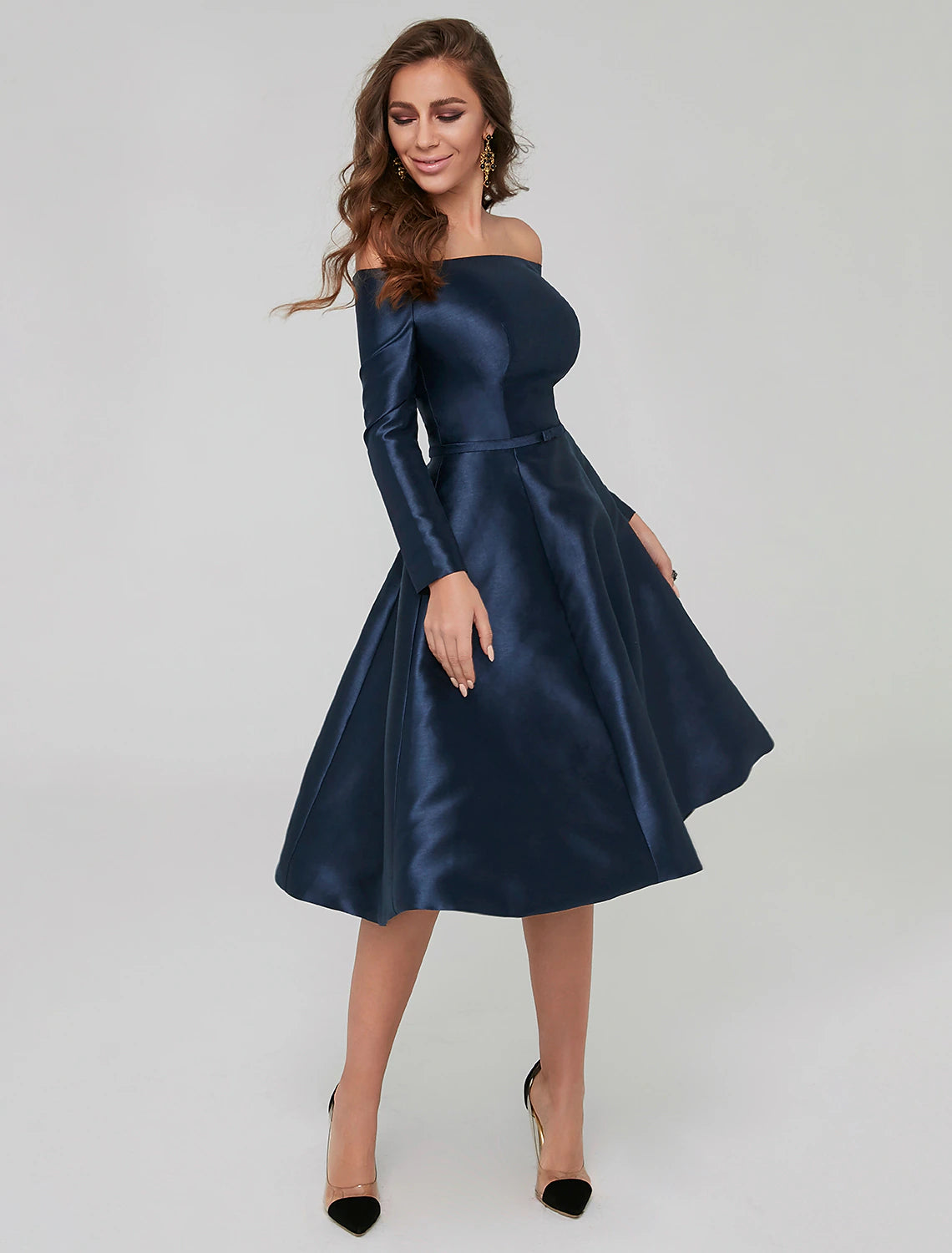 Aimishang A-Line Special Occasion Dresses Party Dress Wedding Guest Cocktail Party Knee Length Long Sleeve Off Shoulder Satin with Pleats