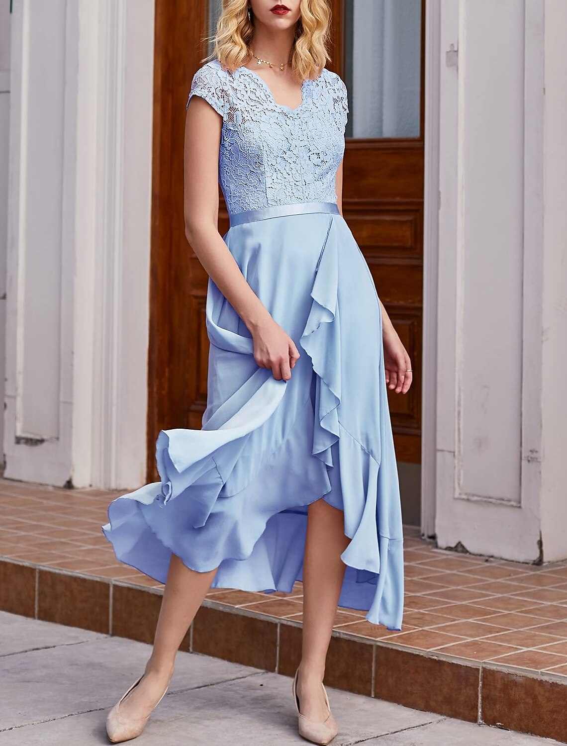 Aimishang A-Line Cocktail Dresses Little Black Dress Dress Wedding Guest Asymmetrical Short Sleeve One Shoulder Chiffon with Pleats Lace Insert