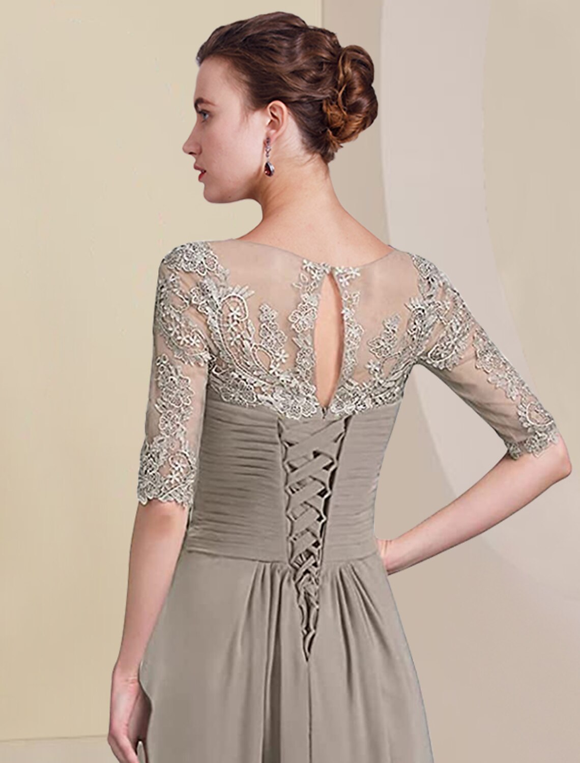 Aimishang Two Piece A-Line Mother of the Bride Dress Formal Wedding Guest Elegant High Low V Neck Asymmetrical Tea Length Chiffon Lace Half Sleeve Wrap Included with Ruched Appliques