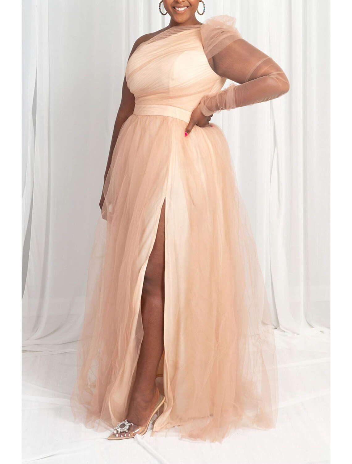 Aimishang A-Line Prom Dresses Plus Size Dress Wedding Guest Sweep / Brush Train Long Sleeve One Shoulder Wednesday Addams Family Tulle with Slit Pure Color