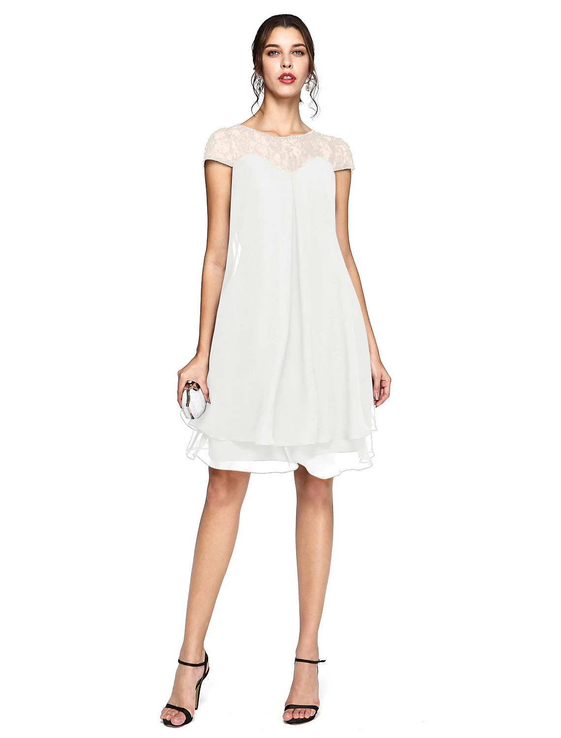 Aimishang A-Line Mother of the Bride Dress Plus Size Elegant Illusion Neck Knee Length Chiffon Lace Short Sleeve with Sequin