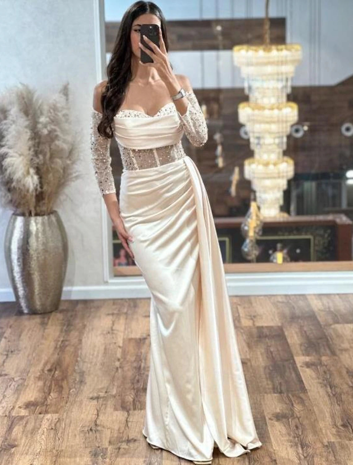 Aimishang Sheath / Column Prom Dresses Elegant Dress Formal Prom Floor Length Long Sleeve Sweetheart Satin with Sequin Slit
