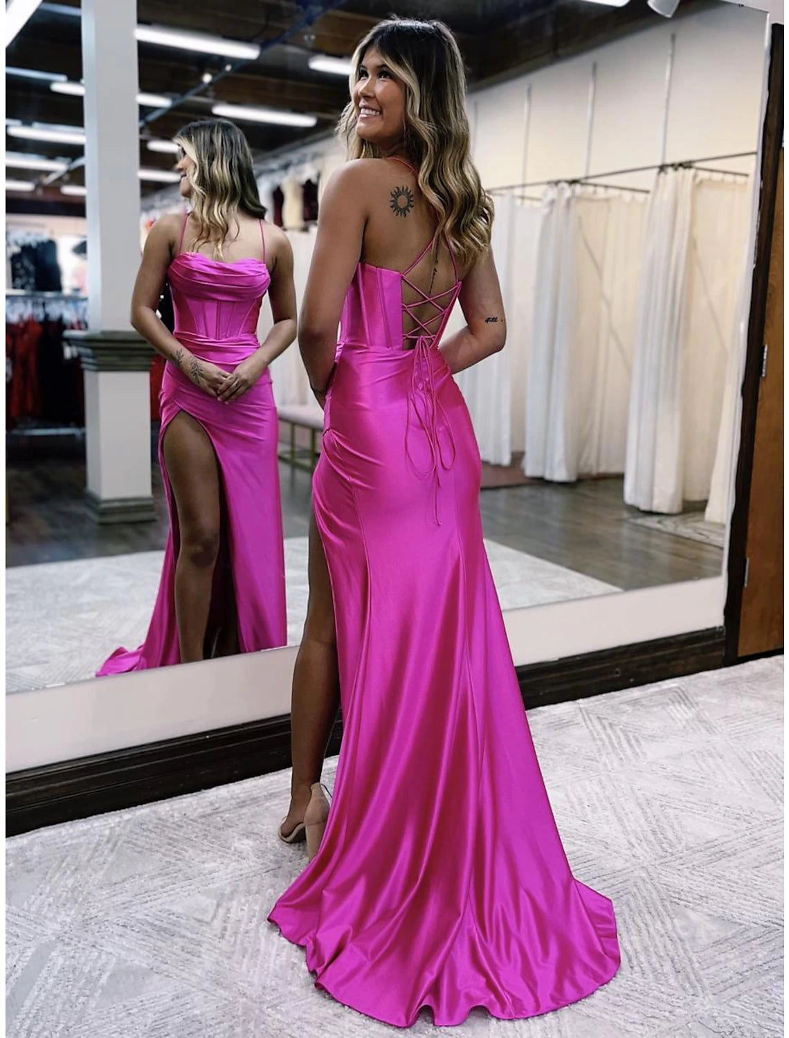 Aimishang Mermaid / Trumpet Prom Dresses Empire Dress Formal Sweep / Brush Train Sleeveless Spaghetti Strap Satin Backless with Pleats