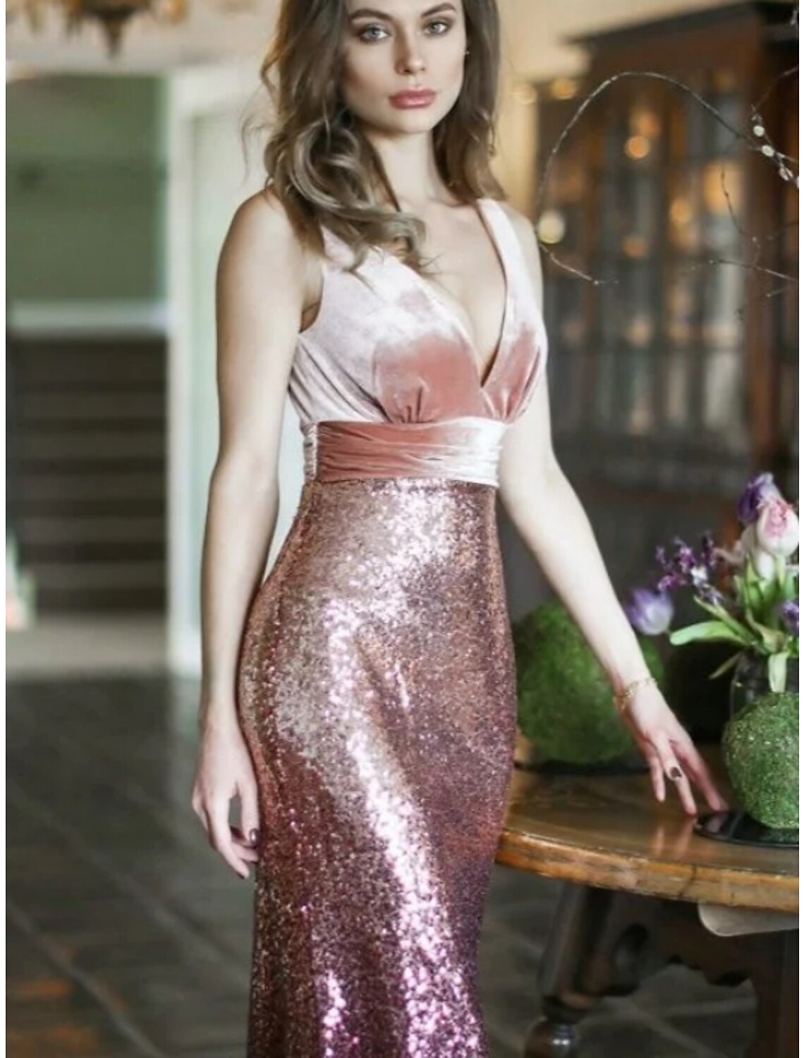 Aimishang Mermaid / Trumpet Evening Gown Sparkle & Shine Dress Formal Wedding Guest Floor Length Sleeveless V Neck Sequined with Glitter Pleats