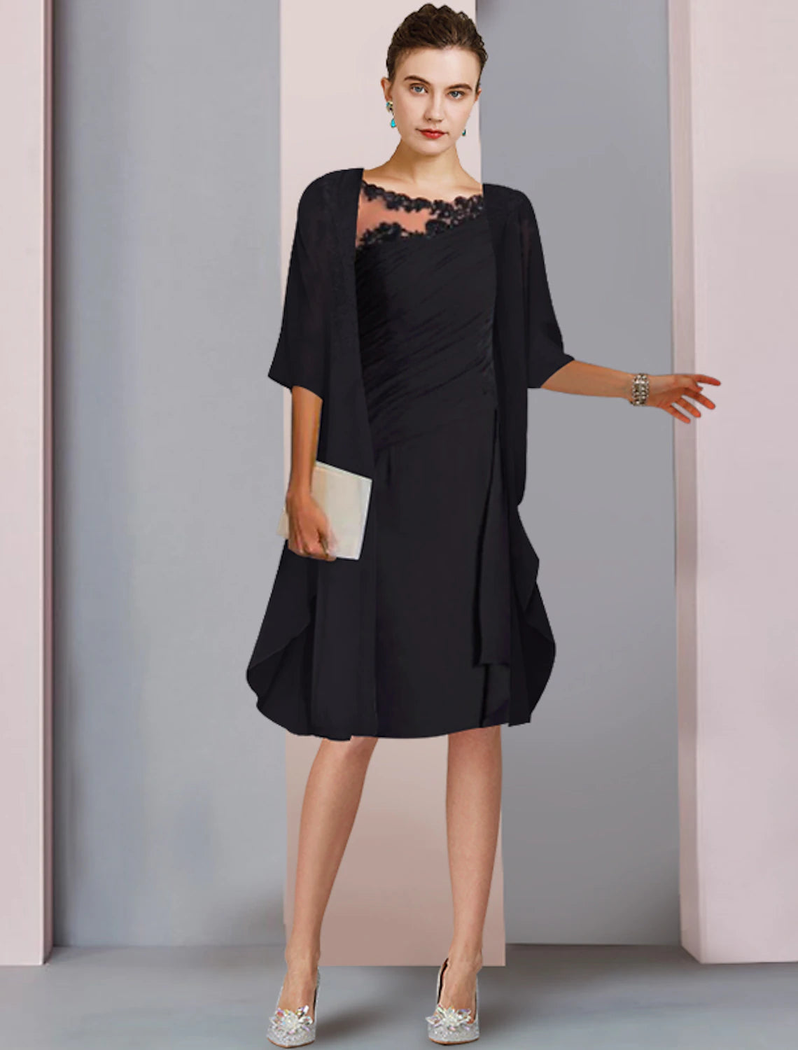 Aimishang Two Piece A-Line Mother of the Bride Dress Wedding Guest Elegant Scoop Neck Knee Length Chiffon Lace Half Sleeve Wrap Included Jacket Dresses with Ruched Appliques