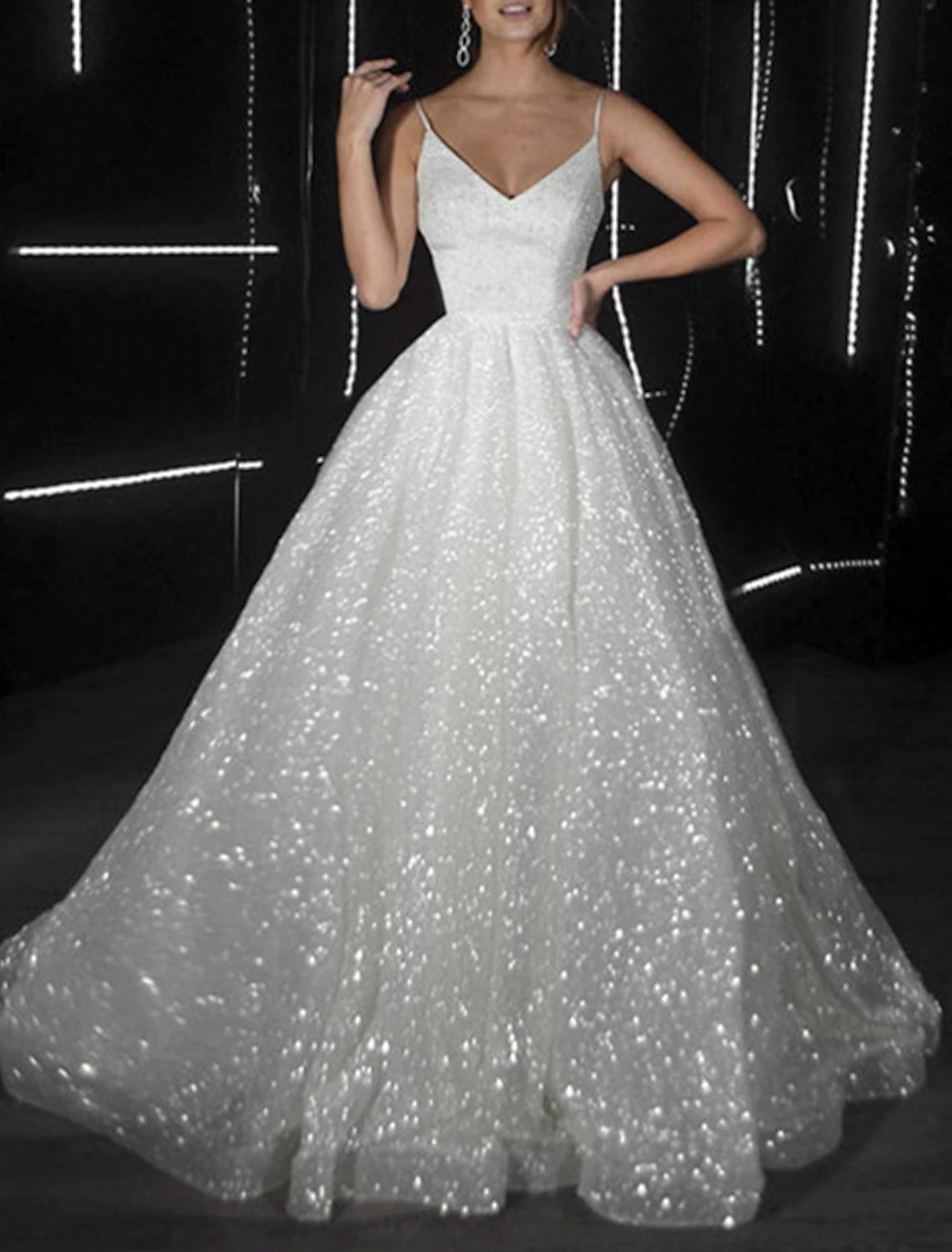 Aimishang Ball Gown Prom Dresses Glittering Dress Wedding Party Birthday Court Train Sleeveless Spaghetti Strap Tulle with Sequin