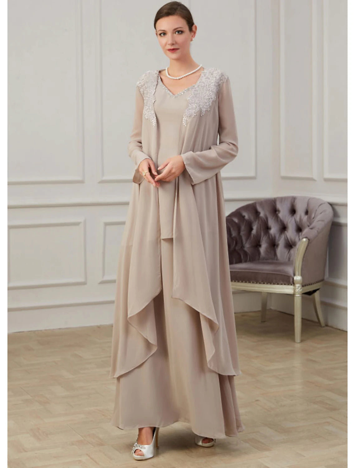 Aimishang A-Line Mother of the Bride Dress Wedding Guest Elegant Jewel Neck Floor Length Chiffon Long Sleeve Jacket Dresses with Appliques Fall