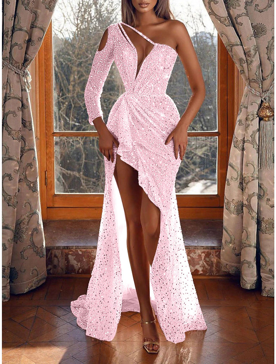 Aimishang Mermaid / Trumpet Prom Dresses Sparkle & Shine Dress Wedding Guest Formal Evening Sweep / Brush Train Long Sleeve One Shoulder Sequined with Sequin